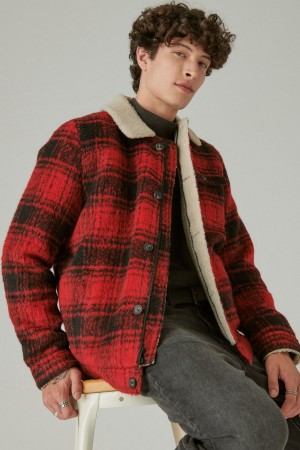 Lucky Brand Plaid Faux Shearling Lined Trucker Men's Jacket Red / Black | South Africa-PTQ052796