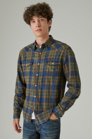 Lucky Brand Plaid Indigo Western Long Sleeve Men's Shirts Green | South Africa-PIC196480