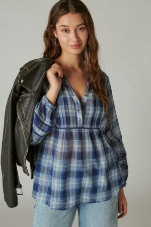 Lucky Brand Plaid Popover Women's Shirts Indigo | South Africa-NWH614235