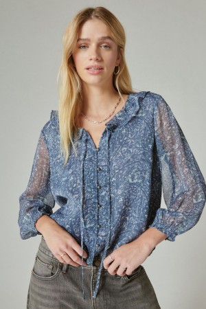 Lucky Brand Printed Chiffon Women's Blouse Blue Multicolor | South Africa-DWT952630