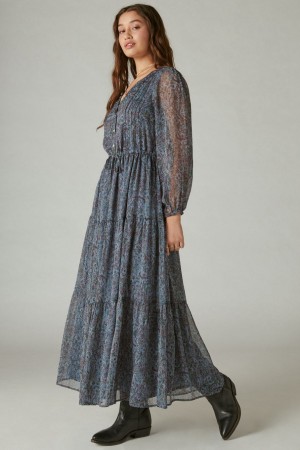 Lucky Brand Printed Shine Chiffon Maxi Women's Dress Grey Multicolor | South Africa-ITP207689