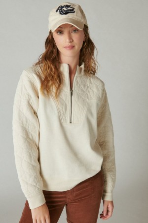 Lucky Brand Quilted Half Zip Popover Women's Pullover Cream | South Africa-DAE093156