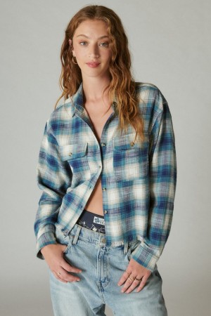 Lucky Brand Raw Edge Cropped Plaid Women's Shirts Turquoise | South Africa-BUF825913