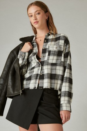 Lucky Brand Raw Edge Cropped Plaid Women's Shirts Black | South Africa-EJD573982