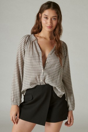 Lucky Brand Relaxed Plaid Open Neck Women's Shirts Grey | South Africa-JGF127354