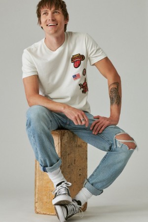 Lucky Brand Rolling Stones Patch Men's T-Shirts White | South Africa-RDY623801