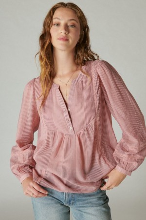 Lucky Brand Smocked Button Through Women's Blouse Pink Stripes | South Africa-VAR562139