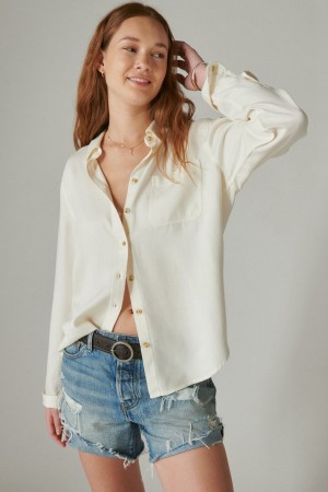 Lucky Brand Solid Boyfriend Button Down Women's Shirts Cream | South Africa-KCI296340