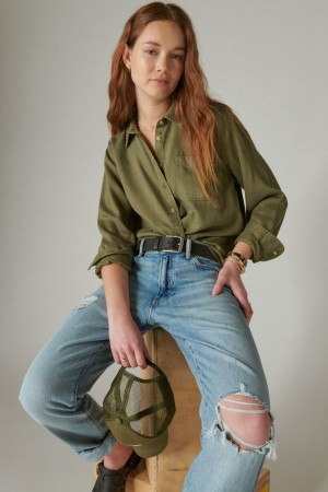 Lucky Brand Solid Boyfriend Button Down Women's Shirts Olive | South Africa-OFM580729