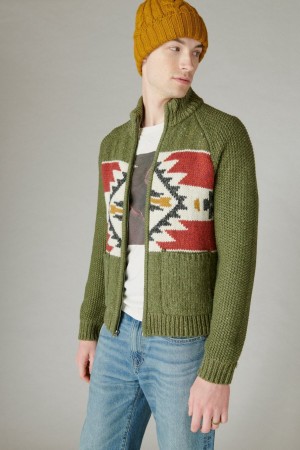 Lucky Brand Southwestern Print Full Zip Bomber Men's Sweater Olive Multicolor | South Africa-RWY642701