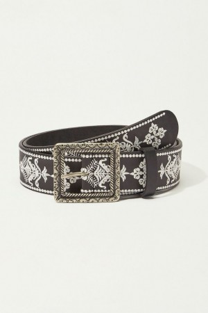 Lucky Brand Square Buckle Embroidered Women's Belts Black | South Africa-RWN132647