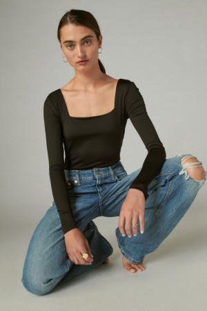 Lucky Brand Square Neck Long Sleeve Women's Bodysuit Black | South Africa-OJA748192