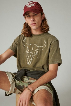 Lucky Brand Steer Skull Men's T-Shirts Olive | South Africa-BKR093215