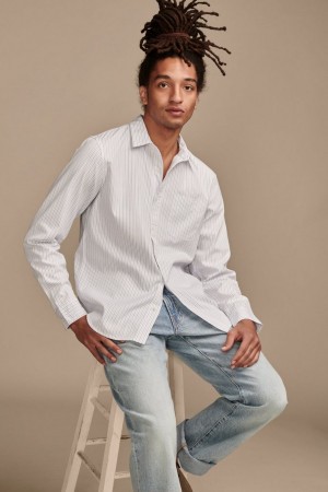 Lucky Brand Striped One Pocket Long Sleeve Men's Shirts White Stripes | South Africa-WOB974856