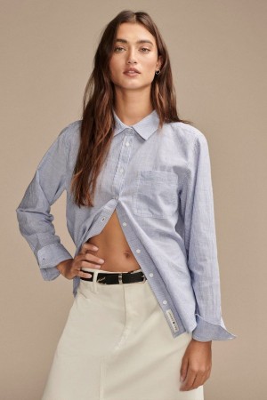 Lucky Brand The Boyfriend Button-down Women's Shirts Blue Multicolor | South Africa-NJY209463