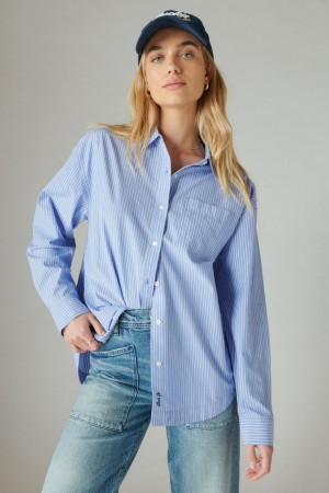 Lucky Brand The Oversized Poplin Button Down Women's Shirts Blue Stripes | South Africa-JEA089536