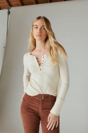 Lucky Brand Trim Mix Henley Women's Shirts Cream | South Africa-MDY038125