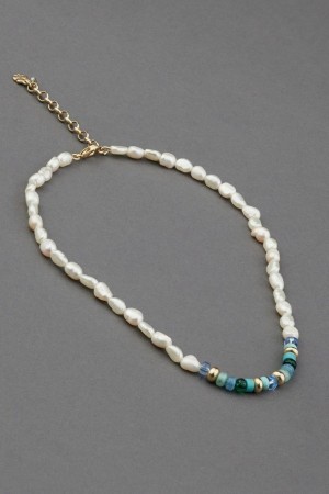 Lucky Brand Turquoise And Pearl Beaded Collar Women's Necklace Gold | South Africa-YZG697841