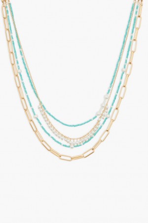 Lucky Brand Turquoise And Pearl Drama Layer Women's Necklace Gold | South Africa-PSJ108362