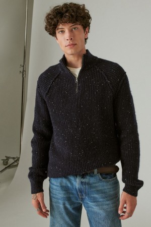 Lucky Brand Tweed Mock Zip Men's Sweater Navy | South Africa-XNO146873