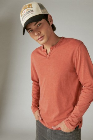 Lucky Brand Venice Burnout Long Sleeve Notch Neck Men's Shirts Coral | South Africa-KNG847021