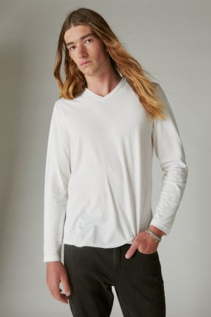 Lucky Brand Venice Burnout Long Sleeve V Neck Men's Shirts White | South Africa-ZBW528769