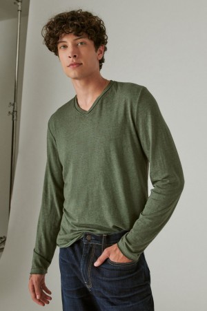 Lucky Brand Venice Burnout Long Sleeve V Neck Men's Shirts Deep Green | South Africa-DTH140259