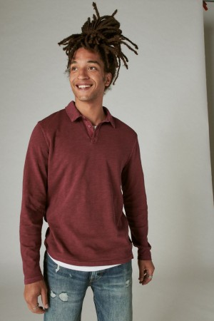 Lucky Brand Weekend Slub Jersey Long Sleeve Men's Polo Burgundy | South Africa-UZX504296