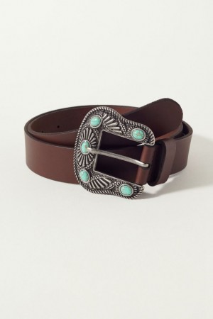 Lucky Brand Western Turquoise Buckle Women's Belts Dark Brown | South Africa-GRL160394