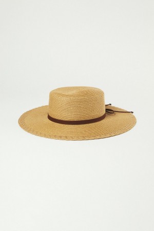 Lucky Brand Woven Boater With Leather Tie Women's Hat Brown | South Africa-QMP796248