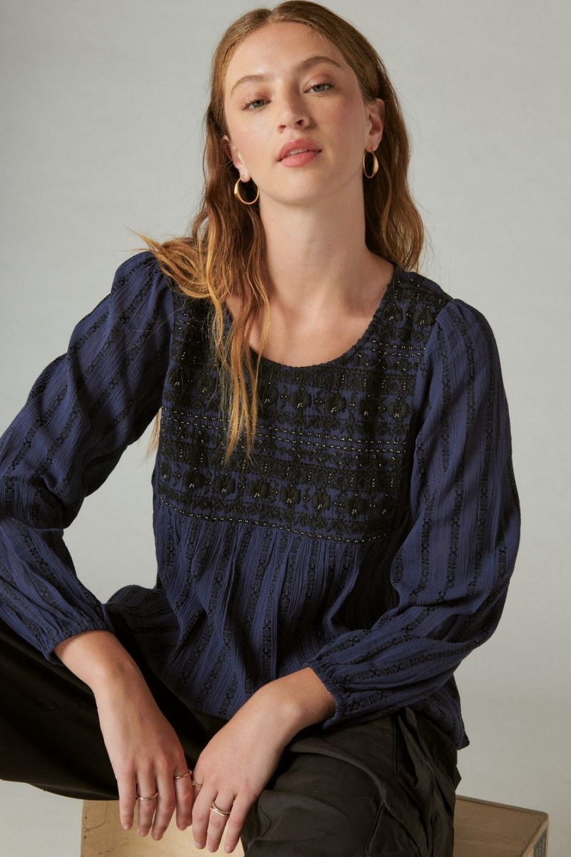 Lucky Brand Beaded Embroidered Peasant Women's Top Navy | South Africa-OIB689503