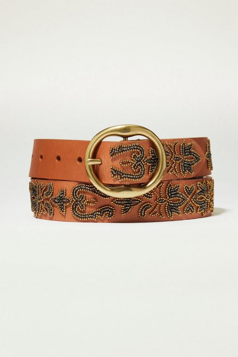 Lucky Brand Beaded Leather Women\'s Belts Dark Brown | South Africa-XJZ758623