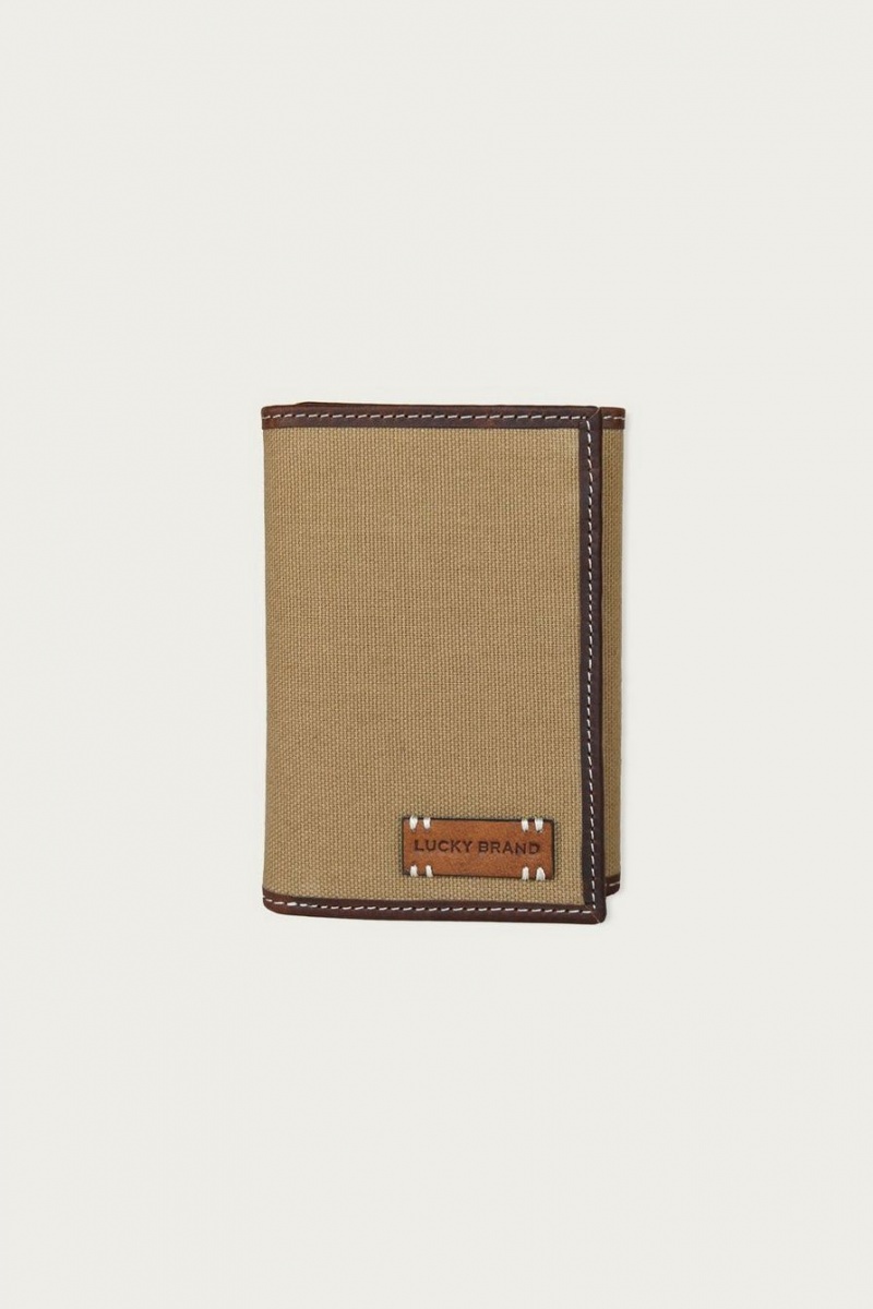 Lucky Brand Canvas With Leather Trim Trifold Men\'s Wallet Khaki | South Africa-AIS153894