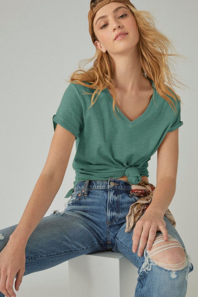 Lucky Brand Classic V-neck Women's T-Shirts Deep Green | South Africa-UDN074235