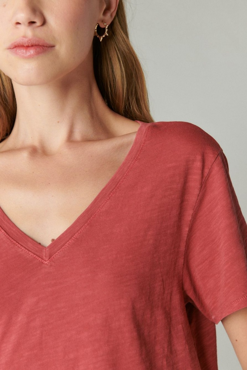 Lucky Brand Classic V-neck Women's T-Shirts Red | South Africa-ZPI485920