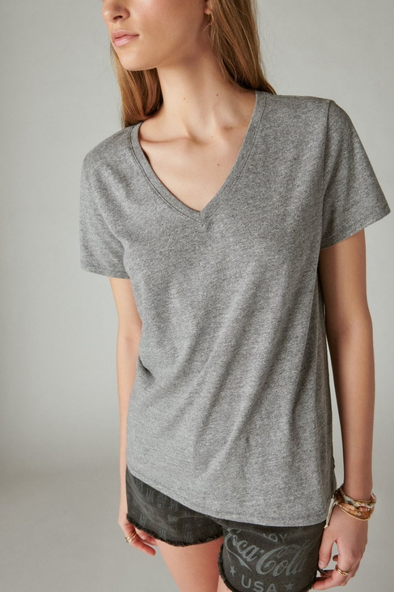 Lucky Brand Classic V-neck Women's T-Shirts Grey | South Africa-CHS682413