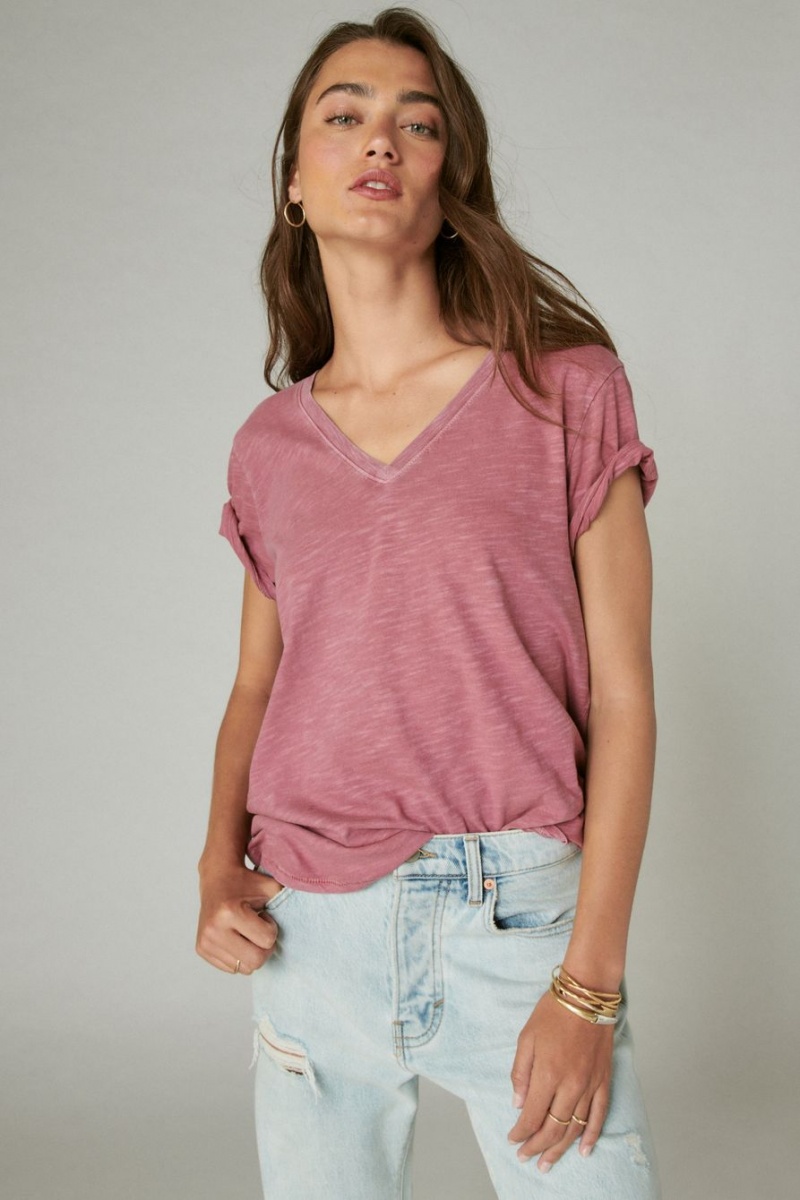 Lucky Brand Classic V-neck Women's T-Shirts Rose | South Africa-HOP416059