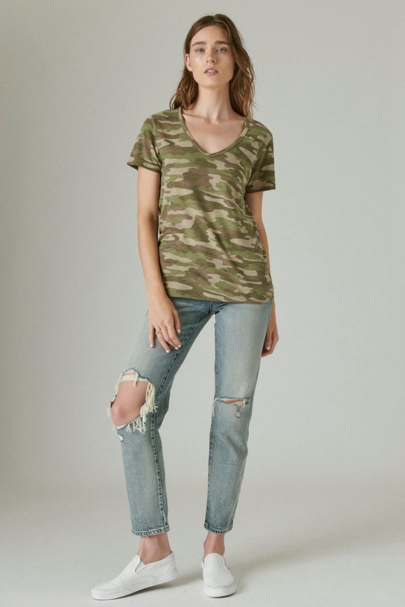 Lucky Brand Classic V-neck Women's T-Shirts Green Camo | South Africa-GAF930458