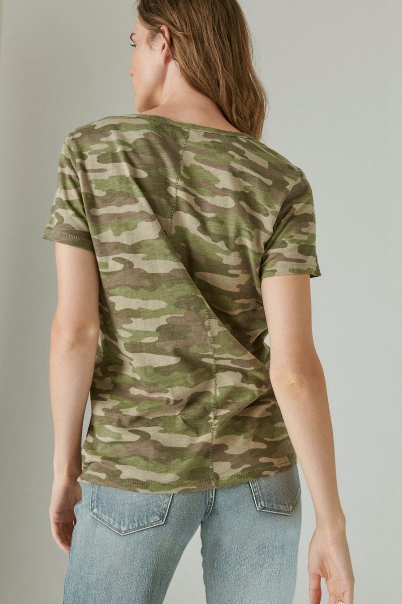 Lucky Brand Classic V-neck Women's T-Shirts Green Camo | South Africa-GAF930458