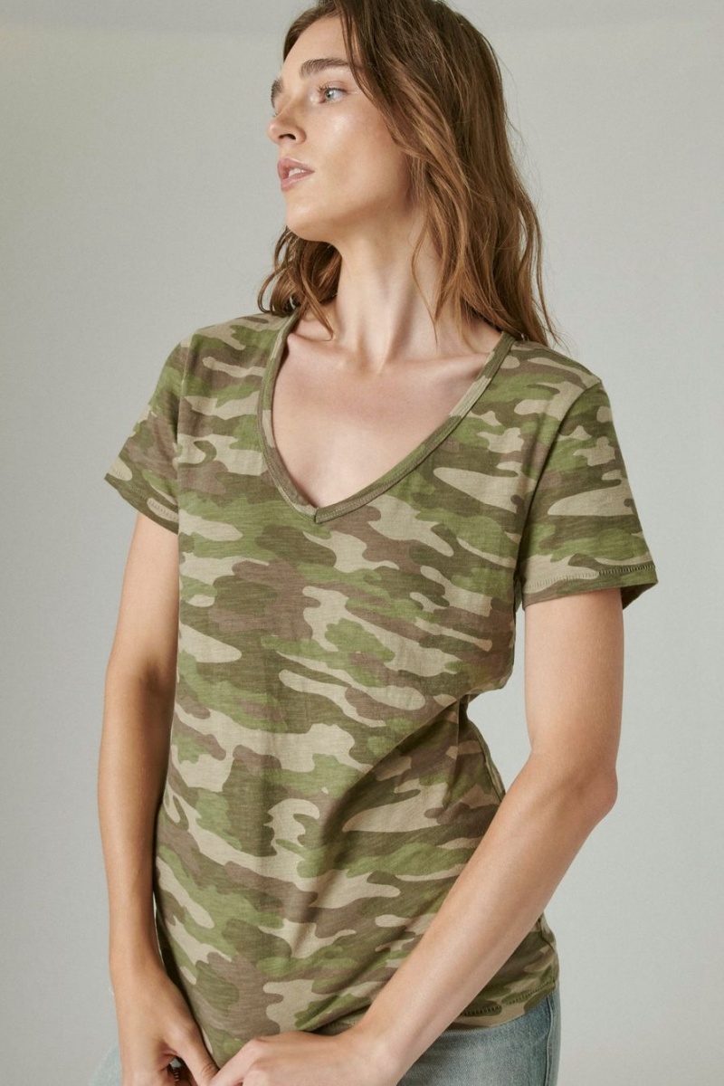 Lucky Brand Classic V-neck Women\'s T-Shirts Green Camo | South Africa-GAF930458