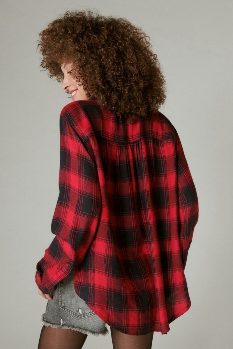 Lucky Brand Cloud Plaid Boyfriend Flannel Women's Shirts Red Black | South Africa-UJV897365