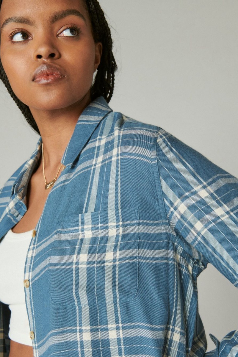 Lucky Brand Cloud Plaid Boyfriend Flannel Women's Shirts Turquoise | South Africa-DIR791864