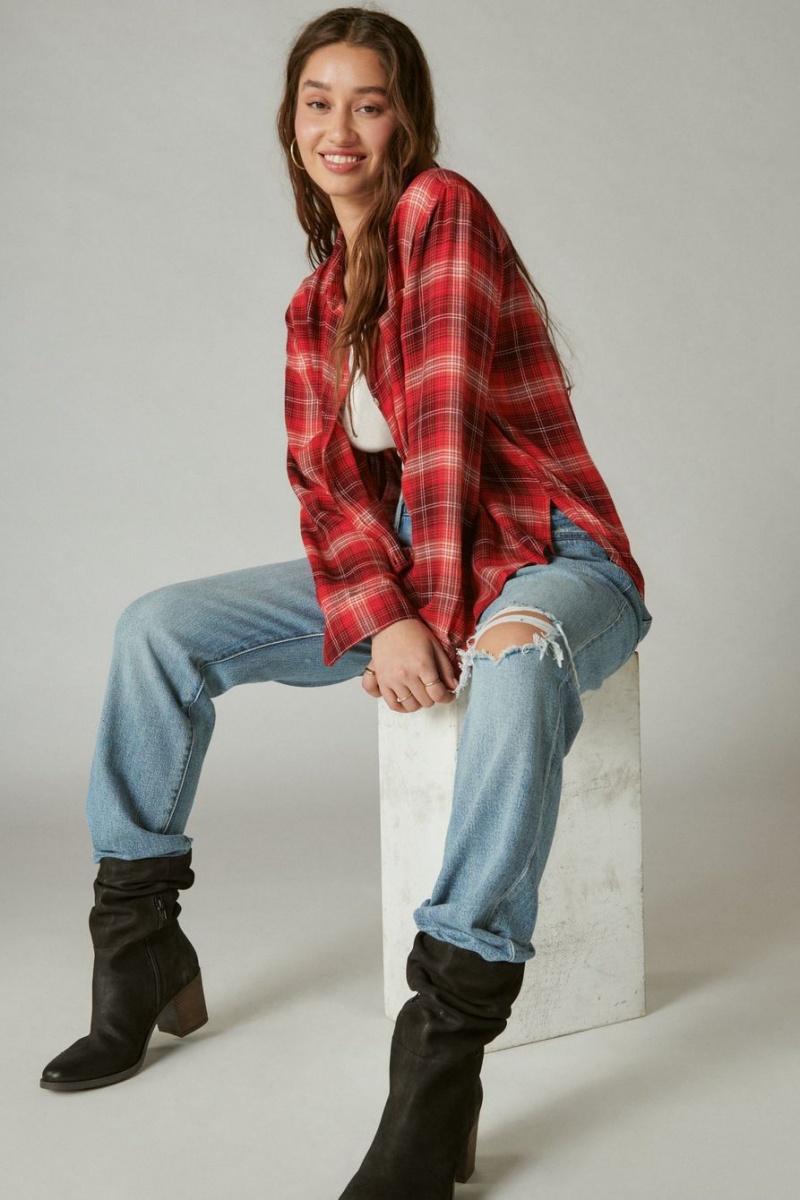 Lucky Brand Cloud Plaid Boyfriend Flannel Women's Shirts Burgundy | South Africa-RYJ125890