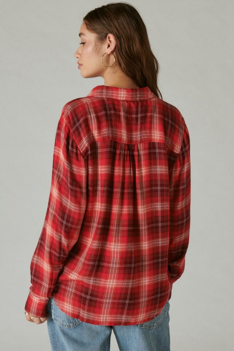 Lucky Brand Cloud Plaid Boyfriend Flannel Women's Shirts Burgundy | South Africa-RYJ125890