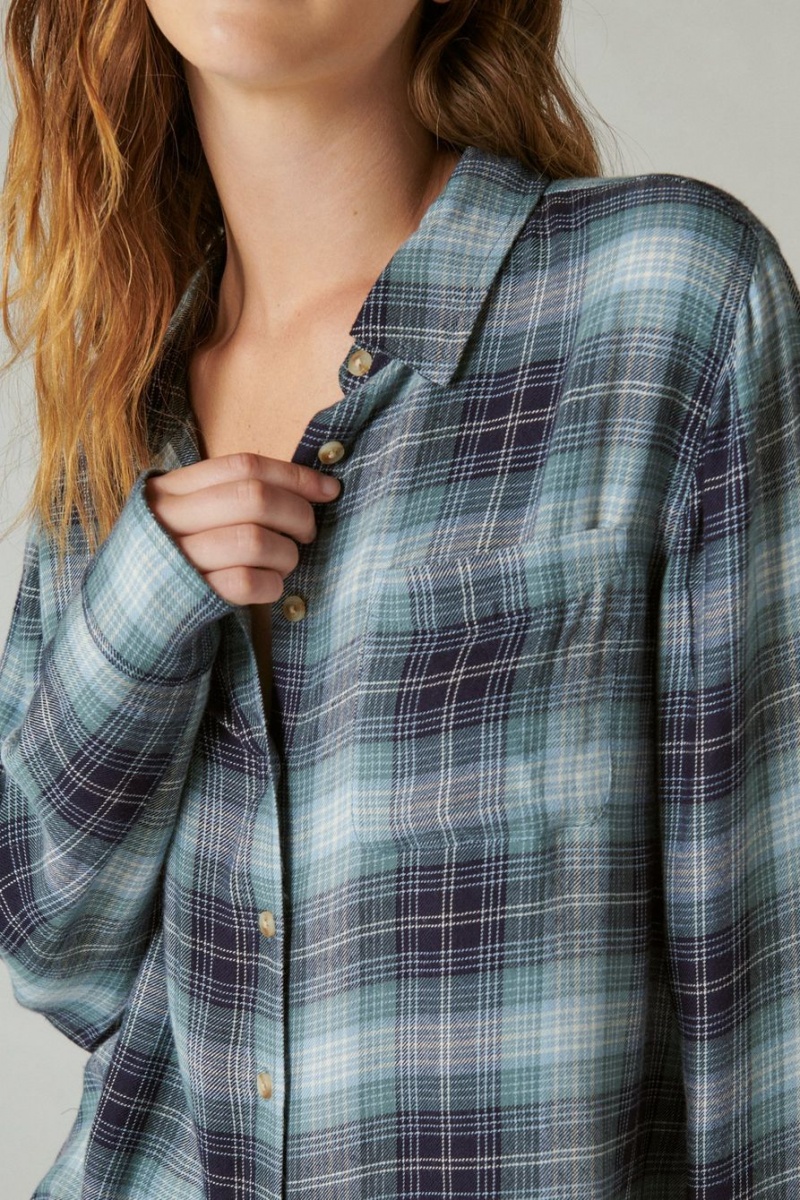 Lucky Brand Cloud Plaid Boyfriend Flannel Women's Shirts Turquoise | South Africa-PQK315978