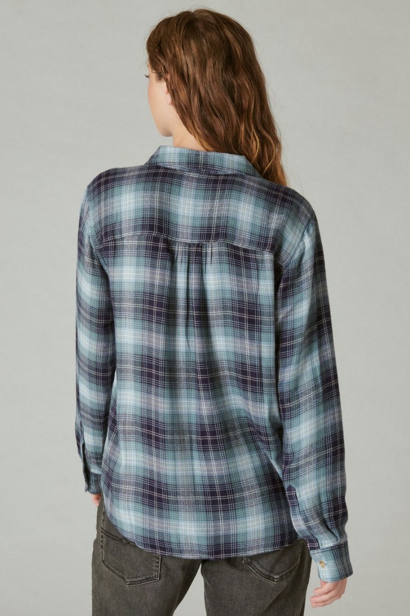 Lucky Brand Cloud Plaid Boyfriend Flannel Women's Shirts Turquoise | South Africa-PQK315978