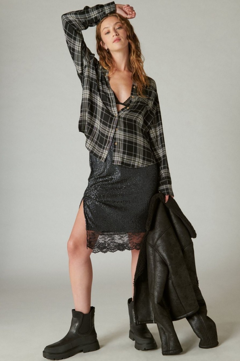 Lucky Brand Cloud Plaid Boyfriend Flannel Women's Shirts Black | South Africa-EBZ958672