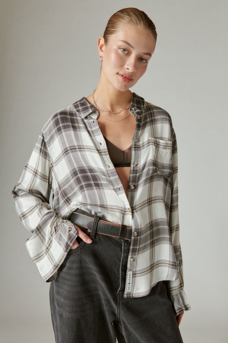 Lucky Brand Cloud Plaid Boyfriend Flannel Women's Shirts Black | South Africa-BHD265709