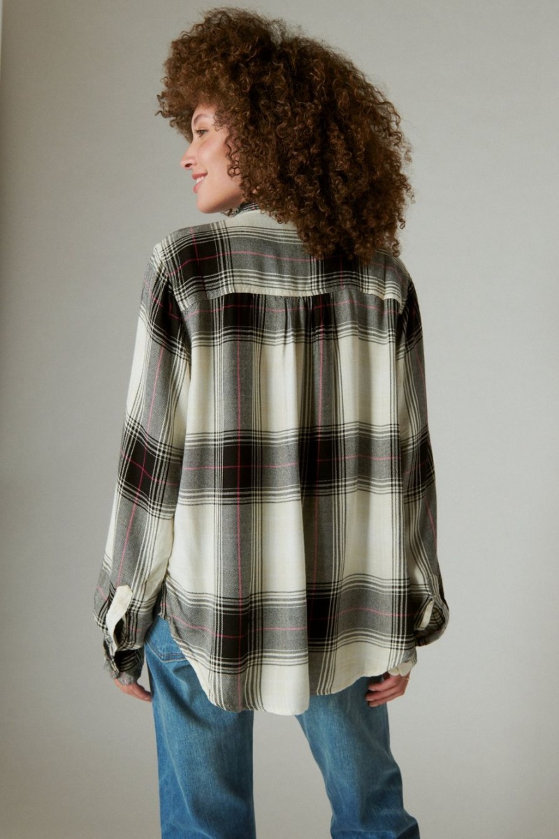 Lucky Brand Cloud Plaid Boyfriend Flannel Women's Shirts Black Cream | South Africa-CAW057892