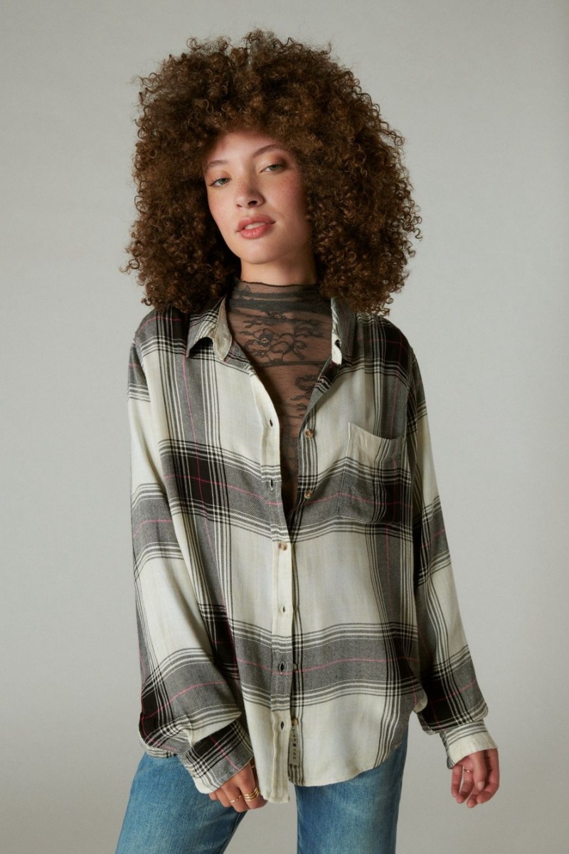 Lucky Brand Cloud Plaid Boyfriend Flannel Women's Shirts Black Cream | South Africa-CAW057892